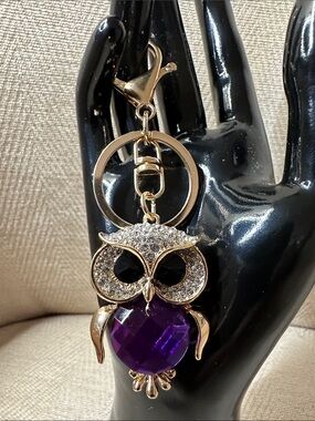 Gold-Tone Owl Keychain with Purple Crystal Accent